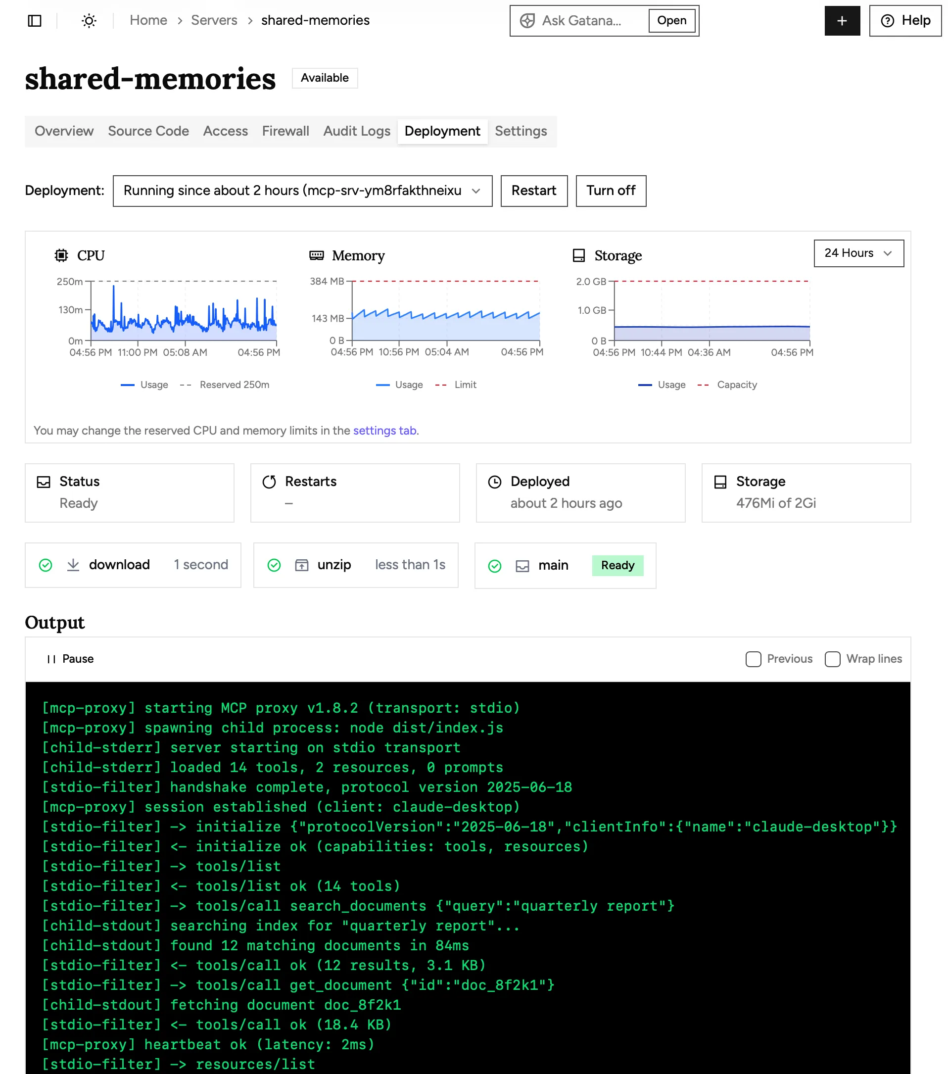 Server deployment tab showing CPU, memory, and storage usage charts, with a storage tile reading 476Mi of 2Gi